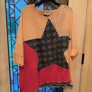 Oversized OLI & Hali Mixed-Media Star Patchwork Top in Peach, Navy & Pink SMALL